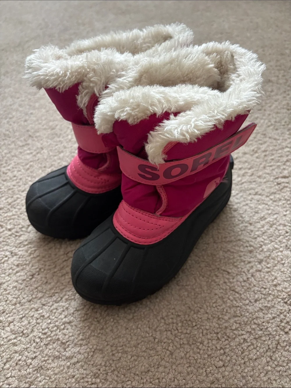 Sorel Pink and Black Girls' Insulated Winter Boots with Faux Fur Trim size 13